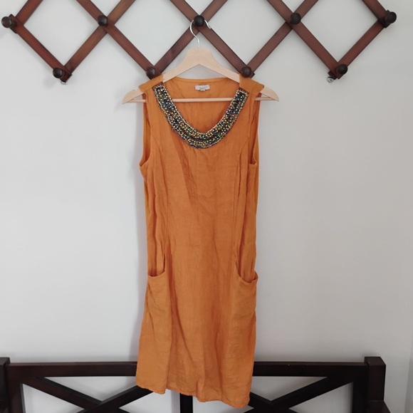Lina Tomei Dresses & Skirts - Lina Tomei Elegant Orange Linen Midi Dress with Embellished beaded Neckline